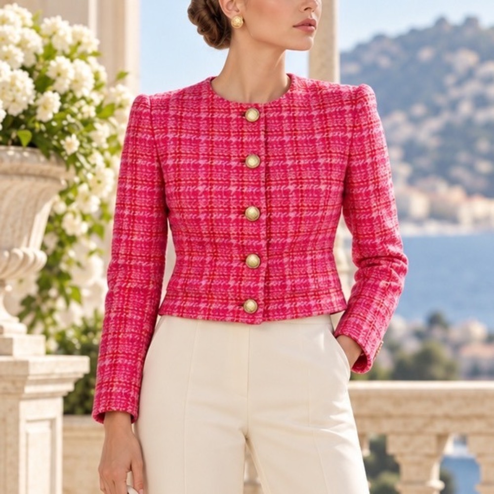 J.Crew Pink Red Houndstooth Tweed Cropped Lady Jacket Gold Crest Buttons 2P B5